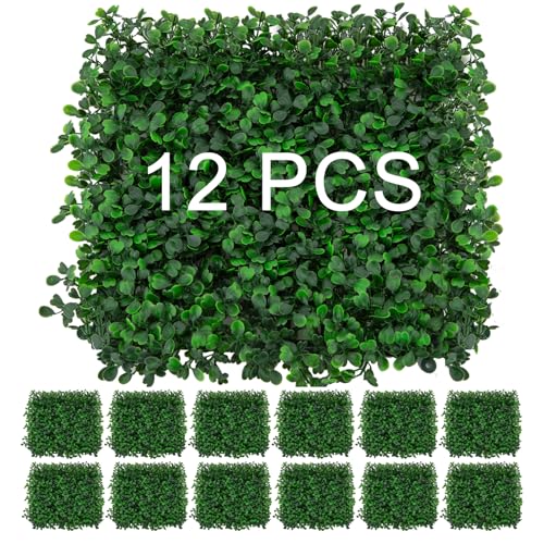 Hengu Artificial Green Grass Wall Panels,12 Pack 10" x 10" Lush Wall Hedge Backdrop Greenery - Faux Privacy Fence Decoration with 20 Zip Ties for Indoor Outdoor Garden, Wedding Decor