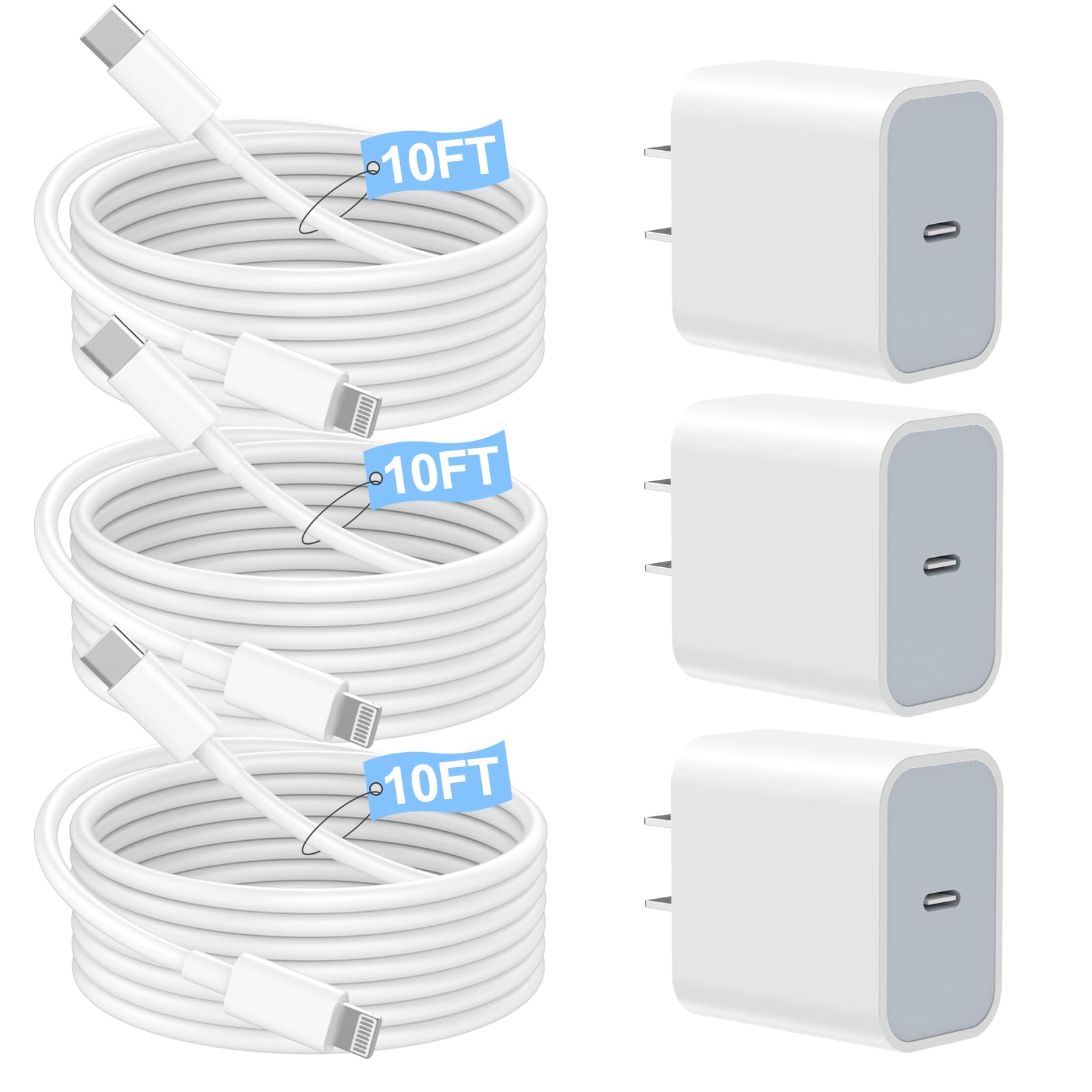 Fast Charger iPhone,3Pack Apple Charger 10 FT iPhone Charger Fast Charging,Apple USB C Wall Charger,Long 10 Foot USB C to Lightning Cable Cord for Apple iPhone 14 Pro Max/13 Pro/12 MINI/11/SE/X