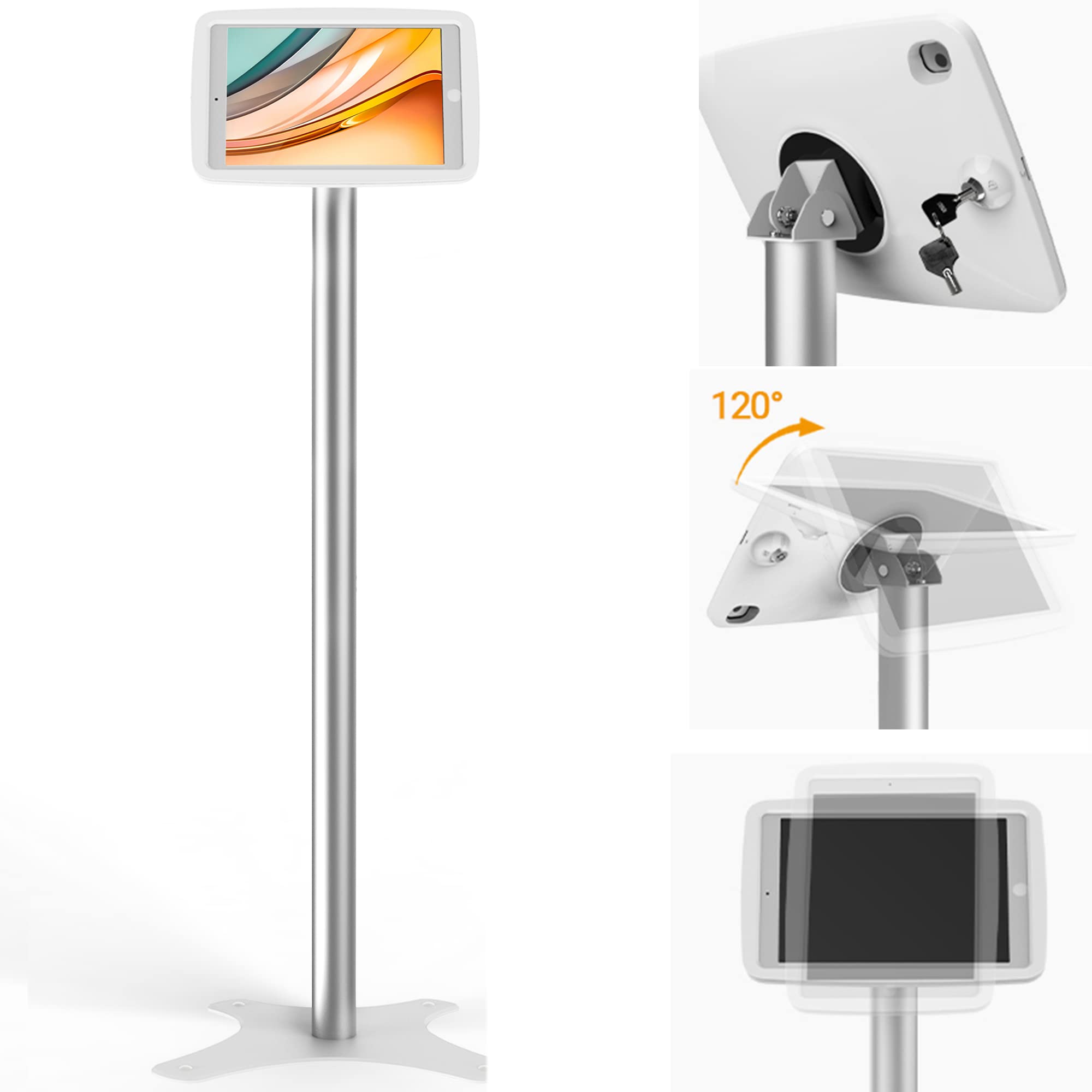 Beelta Tablet Kiosk Floor Stand Adjustable - Compatible with 10.2" iPad 7 8 9th, 120 Degree Rotate Lockable Tablet Enclosure+Aluminum Pole+Metal Base