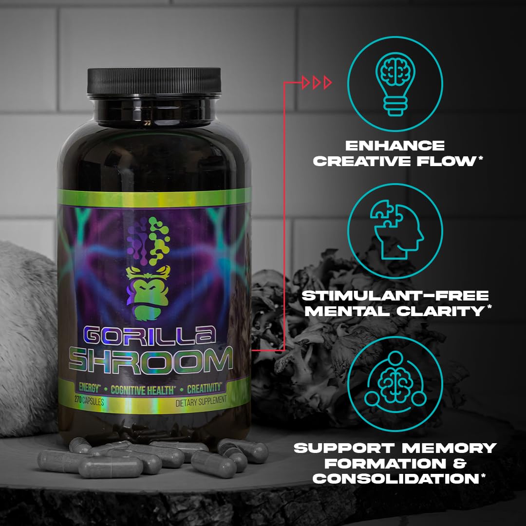 Gorilla Mind Shroom Nootropic Mushroom Supplement (6700mg) - 270 Capsules/Includes Lions Mane, Cordyceps, Reishi, Maitake/Increased Energy Immune Modulation, Enhanced Cognitive Functioning