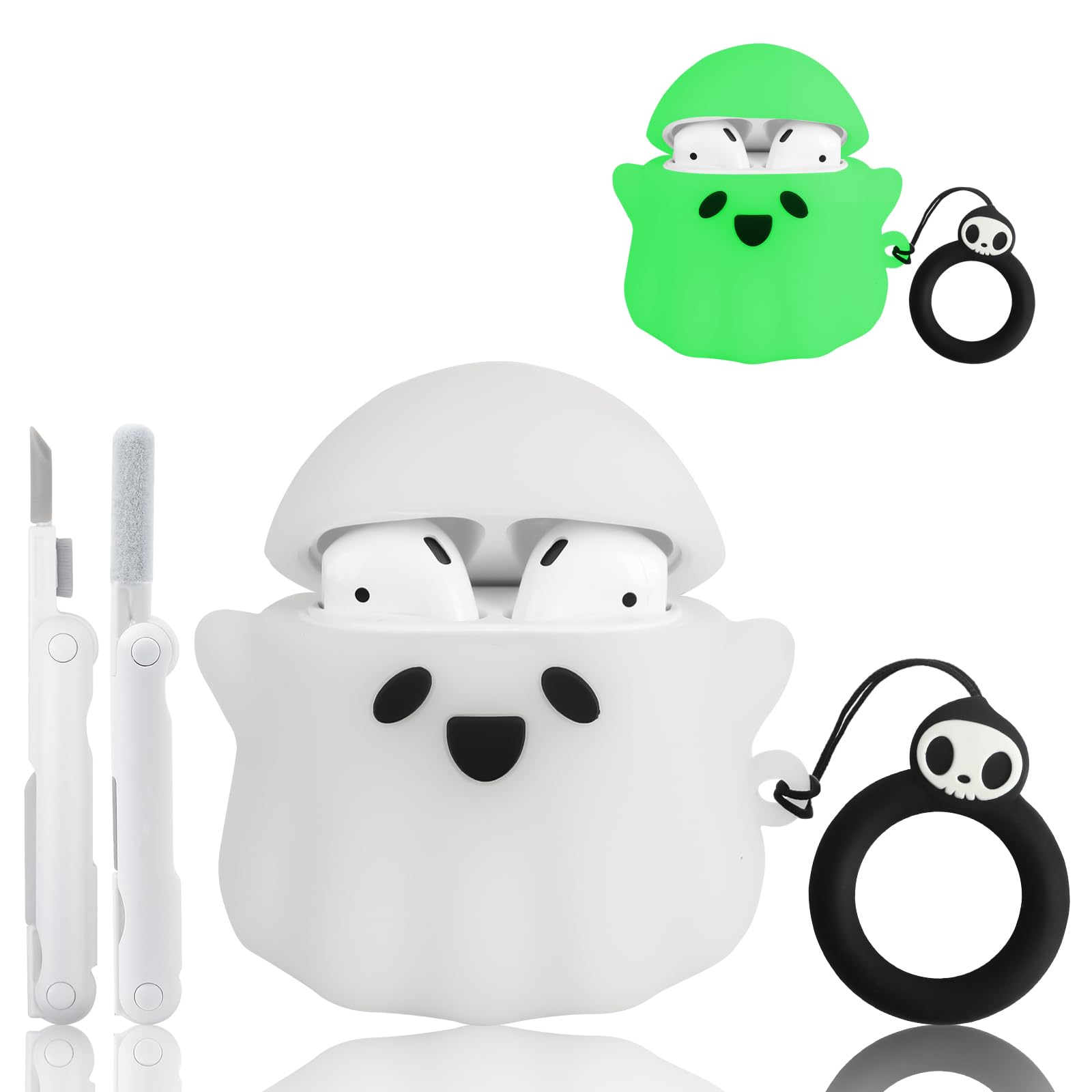 Compatible with AirPods 2nd/1st Generation Case, Glow in The Dark Funny 3D Ghost Case for Airpods 2/1 with Cleaner Kit, Cute Soft Silicone Protective Skin AirPods Case for Women Men Girls Boys