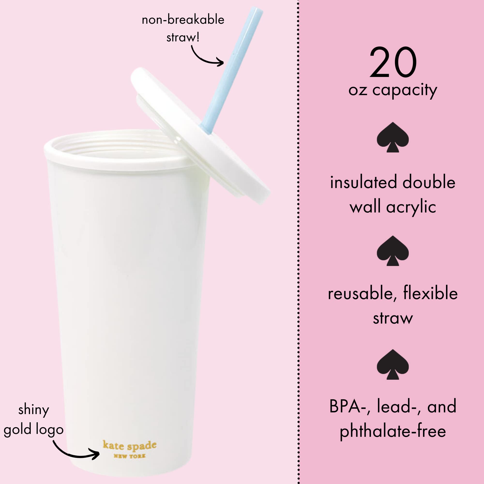 Kate Spade New York Bridal Insulated Tumbler with Reusable Straw, 20 Ounces, Miss to Mrs. (White)