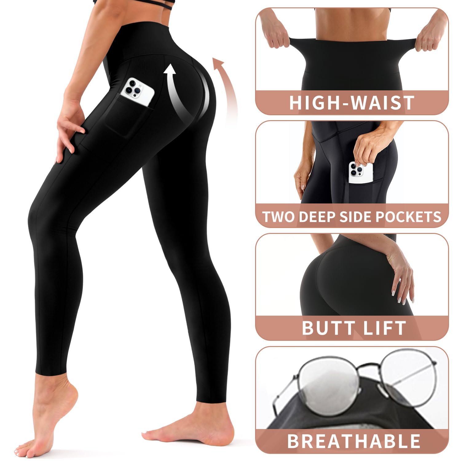 Hmuuo 3 Pack Leggings with Pockets for Women High Waisted Tummy Control No See-Through Yoga Pants Workout Running Leggings