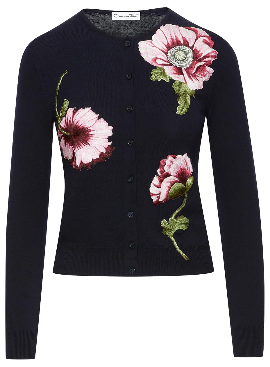 Oscar de la Renta, Poppy Threadwork Cardigan, Navy/Pink, XL