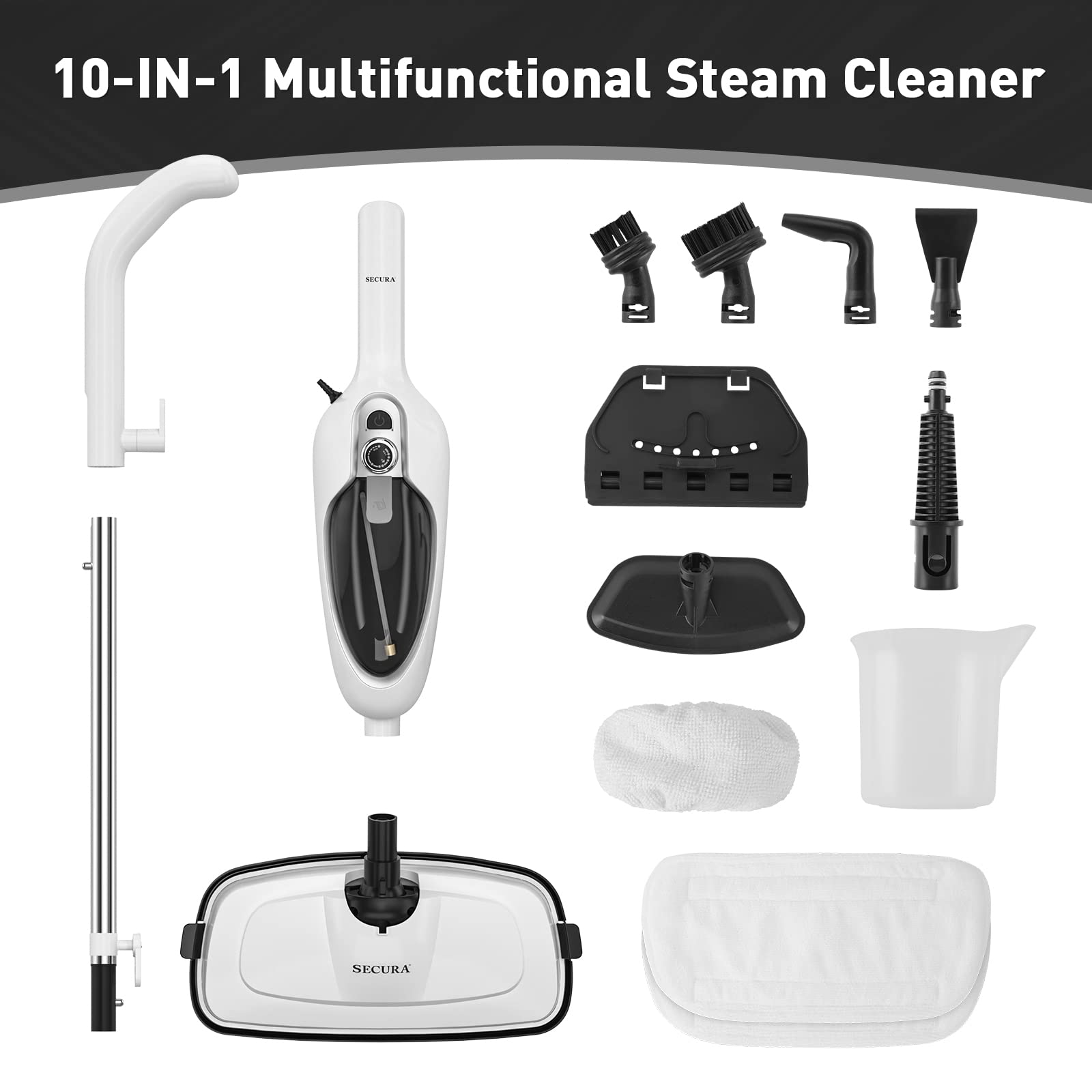 Secura Steam Mop 10-in-1 Convenient Detachable Steam Cleaner, White Multifunctional Cleaning Machine Floor Steamer with 3 Microfiber Mop Pads