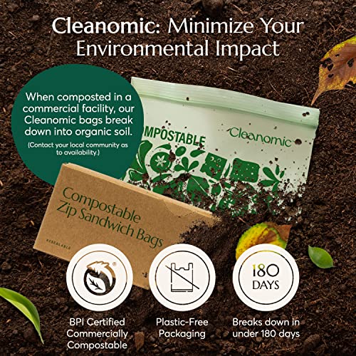 Cleanomic Compostable* Food Storage Bag Bundle – 1 Box Each of 25 Zip Quart Bags, 25 Zip Sandwich Bags, 50 Zip Snack Bags, and 25 13-Gallon Kitchen Waste Bags