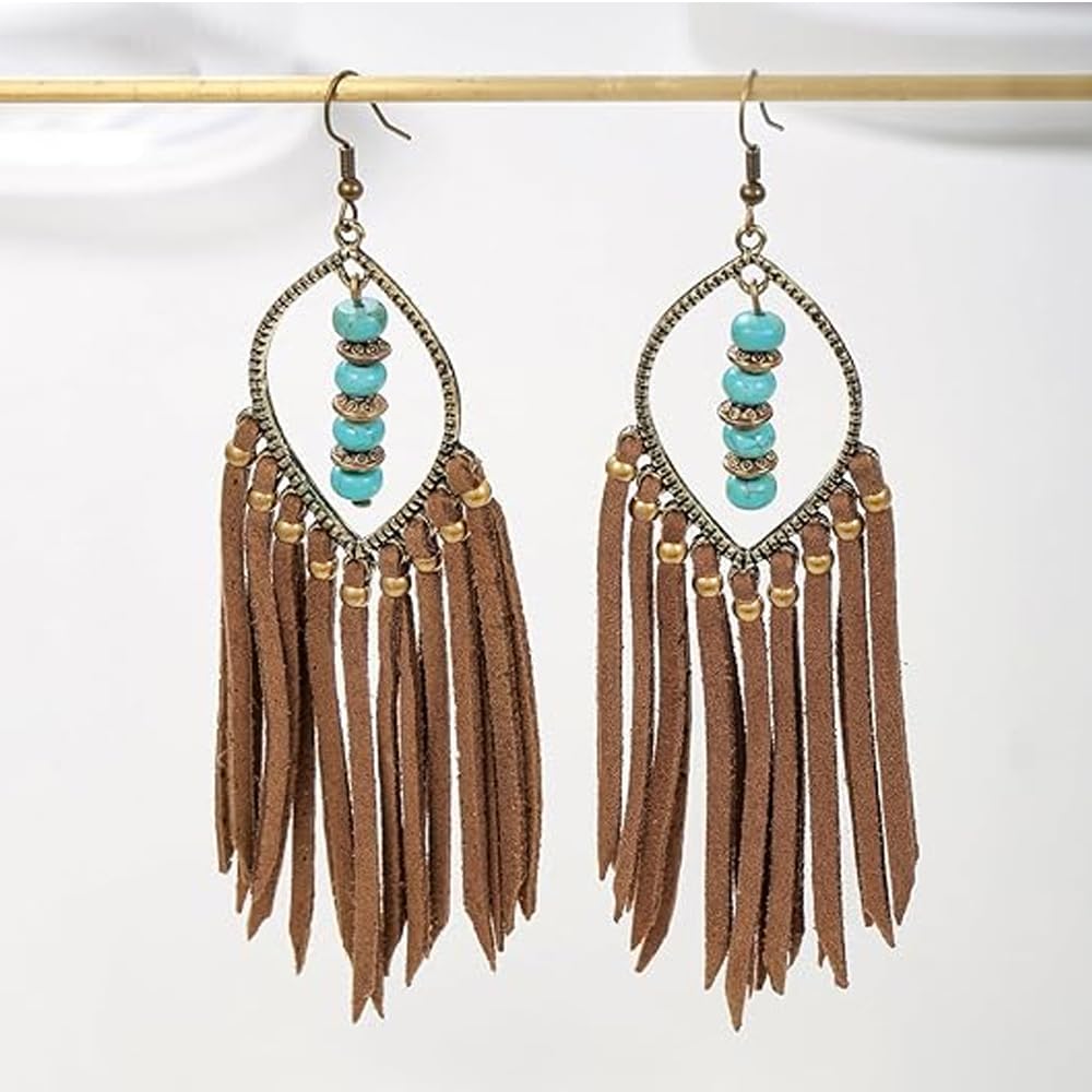 WZJLY 1 Pair of Zinc Alloy Turquoise Copper Beads Bohemian Pure Handmade Tassel Earrings (Brown)