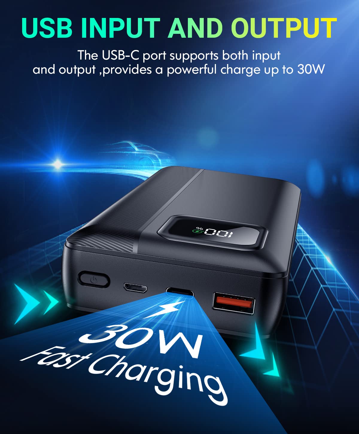 Power-Bank-Portable-Charger - 40000mAh Power Bank Support PD 30W and QC4.0 Fast Charger with Built-in 2 Output Cable and LED Display for iPhone and Android Phones and Most Electronic Devices