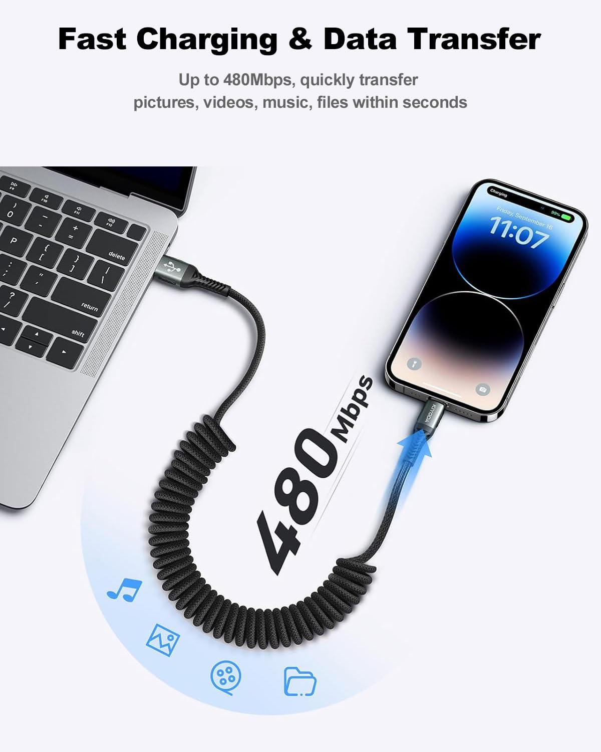 Coiled iPhone Charger 3FT 2Pack, Braided USB to Lightning Cable for Car [Apple MFi Certified] Fast Charging Cord Compatible with iPhone 14 Pro/Pro Max/Plus 13 12 11 8 7 6s 6 SE XS XR X, iPad AirPods