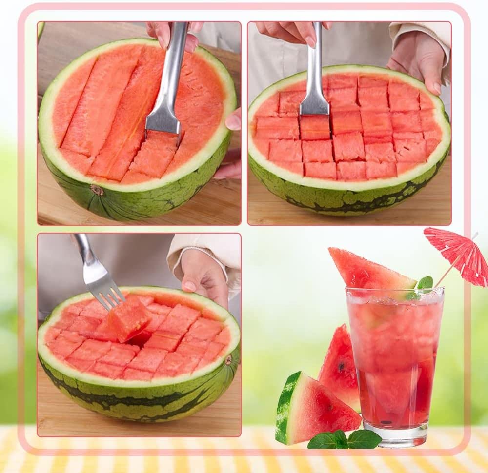 2-in-1 Stainless Steel Fruit Cutter, 2024 New Watermelon Fork Slicer Cutter Slicer Tool, Dual Head Fruit Forks Slicer Knife for Home Parties Camping (2Pcs)