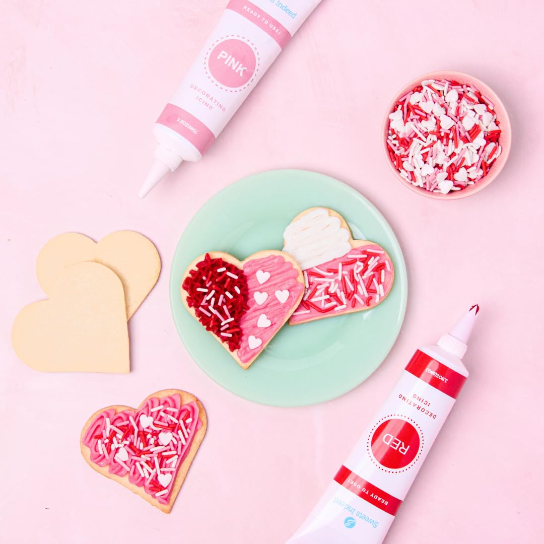 Sweets Indeed, Valentines Day Frosting Kit plus Heart Sprinkles, 3 Frosting Tubes, 2.5 ounces Sprinkes, 4 nozzles, 13.08 ounces, Perfect for baking and cookie decoarting (Sweetheart)