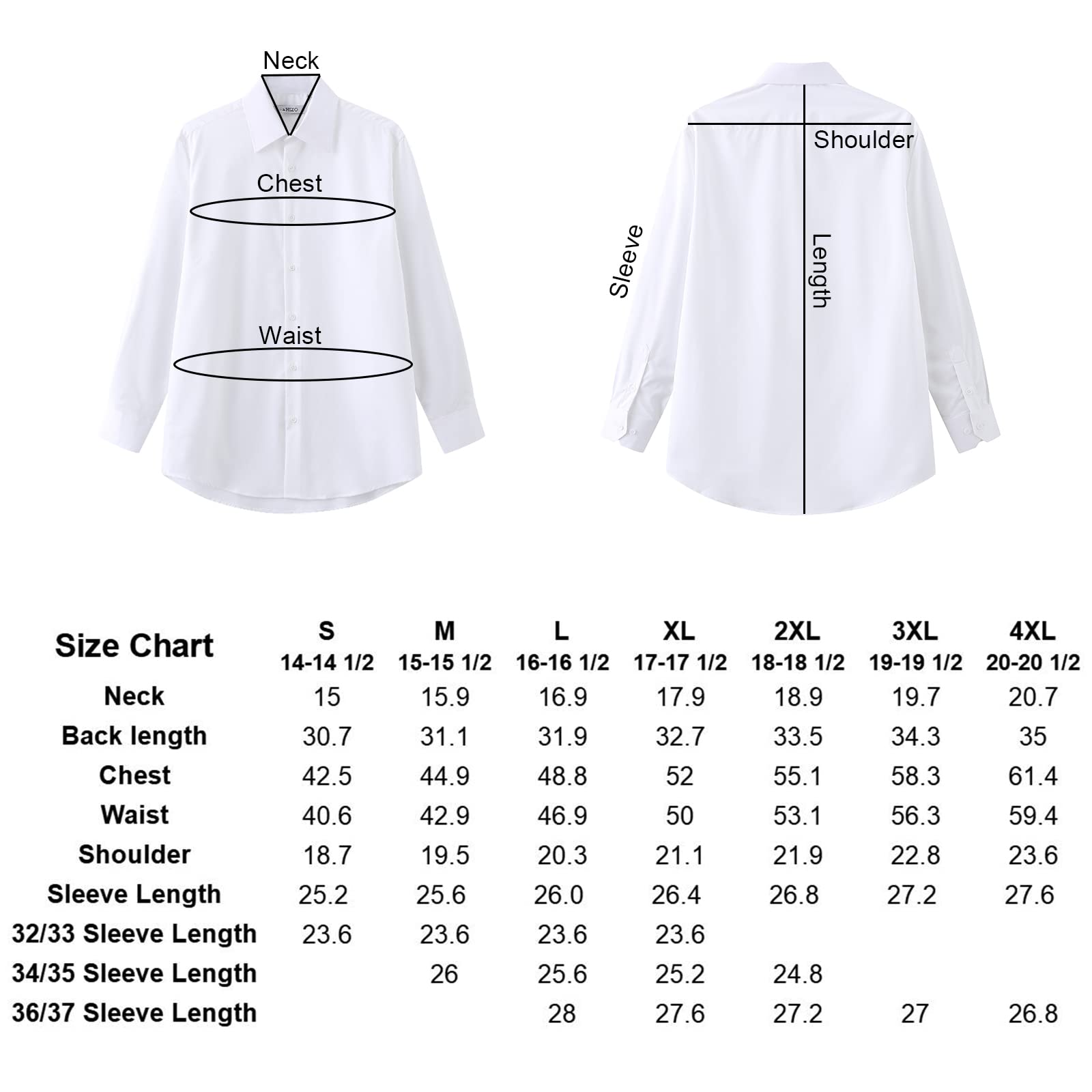 FAHIZO Men's Dress Shirt Regular Fit Soild Business Formal Long Sleeve Button Up Stretch Shirts, White, 17.5 Neck 34"-35" Sleeve(XL)