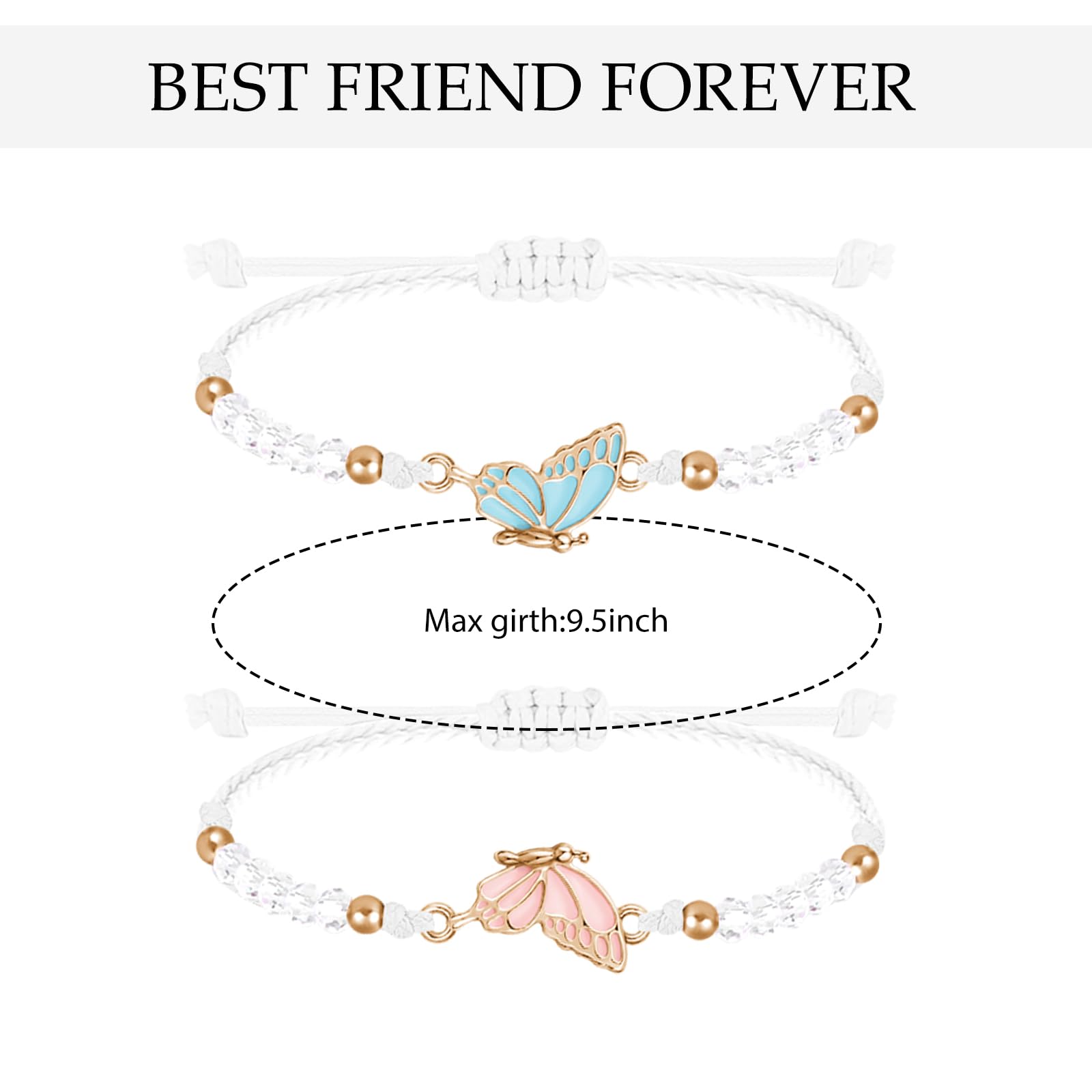 MJartoria BFF Bracelets for 2-Butterfly Matching Bracelets Adjustable Strand Best Friends Bracelet Handmade Charm Friendship Bracelets Jewelry Gifts for Women Couples (White-Gold)