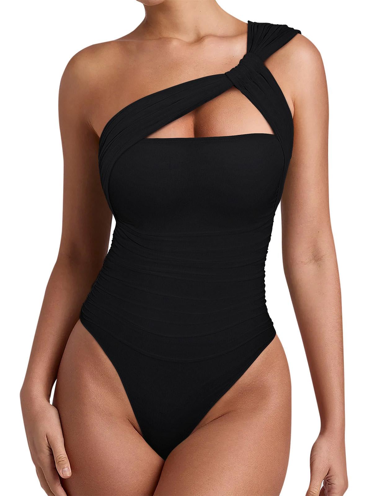 REORIA Womens Sexy One Shoulder Asymmetrical Tank Top Leopard Print Mesh Ruched Sleeveless Backless Trendy Going Out Thong Bodysuits Tops Black Medium