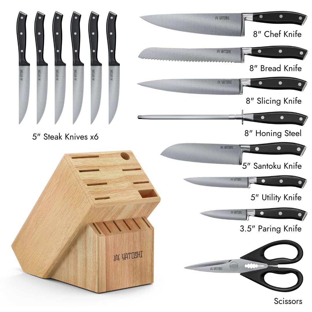 Yatoshi 15 Piece Black Knife Block Set - Pro Kitchen Knife Set Ultra Sharp High Carbon Stainless Steel with Ergonomic Handle