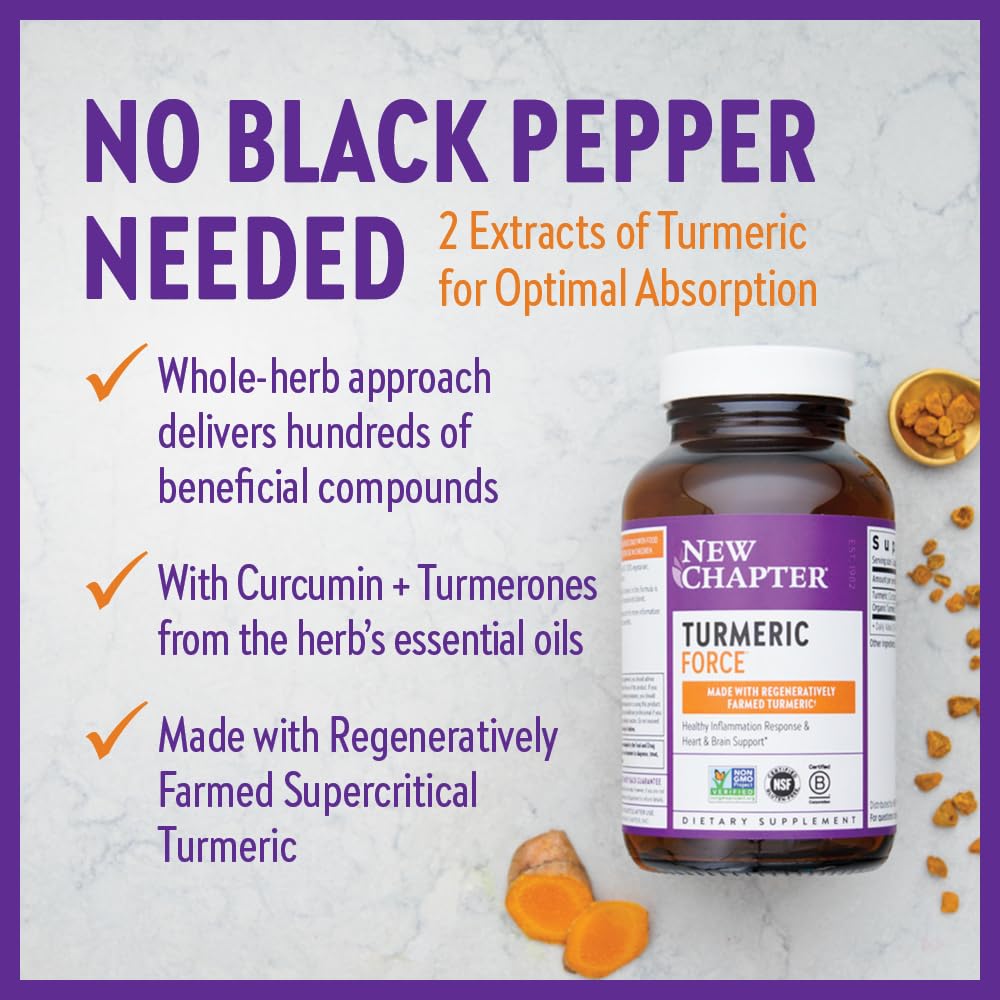 New Chapter Turmeric Supplement, One Daily, Heart, Brain & Healthy Inflammation Support, Supercritical Turmeric Curcumin Means No Black Pepper Needed, Non-GMO, Gluten Free – 120 Count (4 Month Supply)