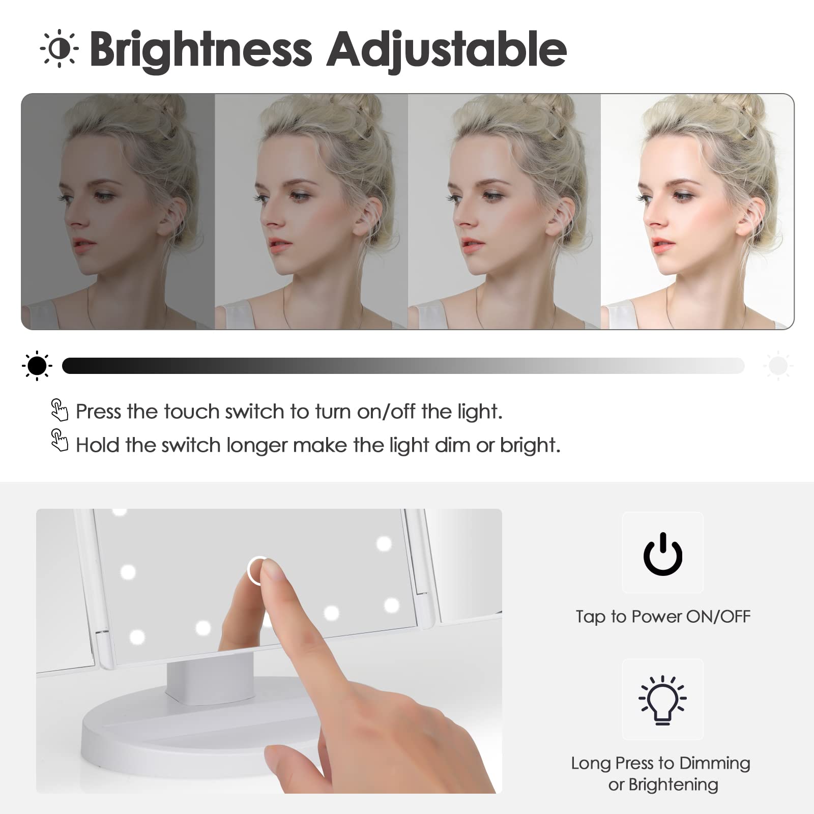 DenCert Makeup Mirror Vanity Mirror with Lights 1X 2X 3X 10X Magnification, Lighted Makeup Mirror, Touch Control, Tri-Fold Portable LED Makeup Vanity, Two Power Supply Modes, White