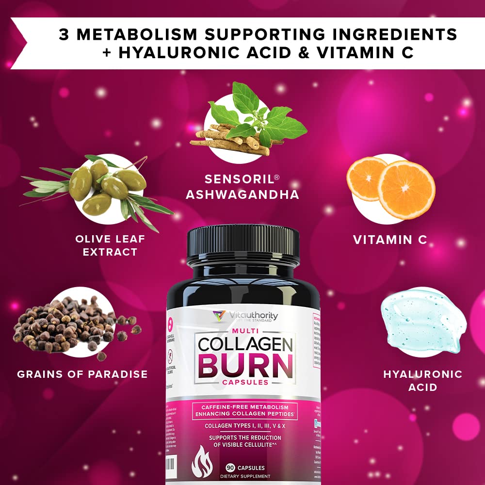 Multi Collagen Burn: Multi-Type Hydrolyzed Protein Peptides with Hyaluronic Acid, Vitamin C, SOD B Dimpless, Types I, II, III, V and X Collagen, Caffeine-Free (Unflavored Capsules)