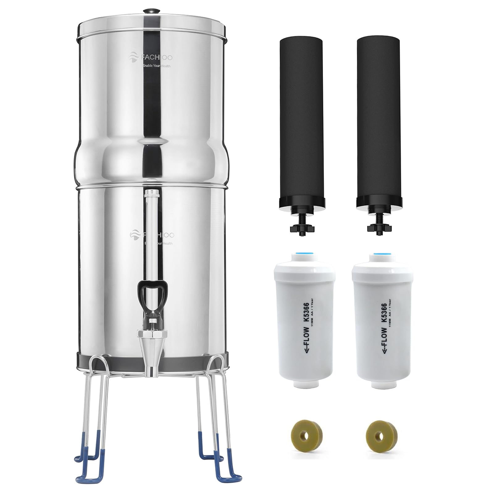 FACHIOO Gravity-Fed Water Filter System, NSF/ANSI 42&372 Standard, 2.25G Stainless-Steel Countertop System with 2 Black Elements, 2 Fluoride, Metal Water Level Spigot, Reduces Fluoride and Chlorine