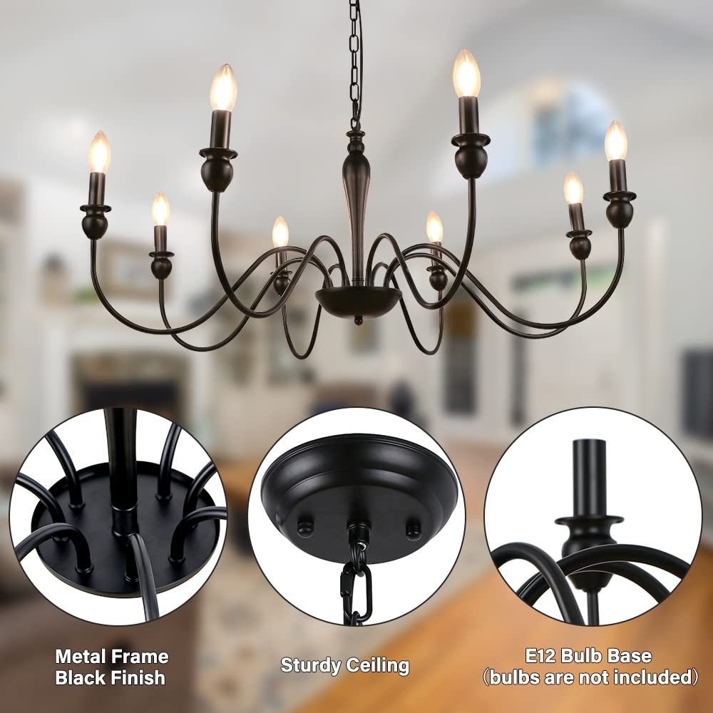 LynPon Farmhouse Chandelier for Dining Room, 8 Lights Black Chandeliers 36.6 Inch Wrought Iron Light Fixtures, Rustic Industrial Hanging Candle Ceiling Light Fixture for Living Room Kitchen Foyer