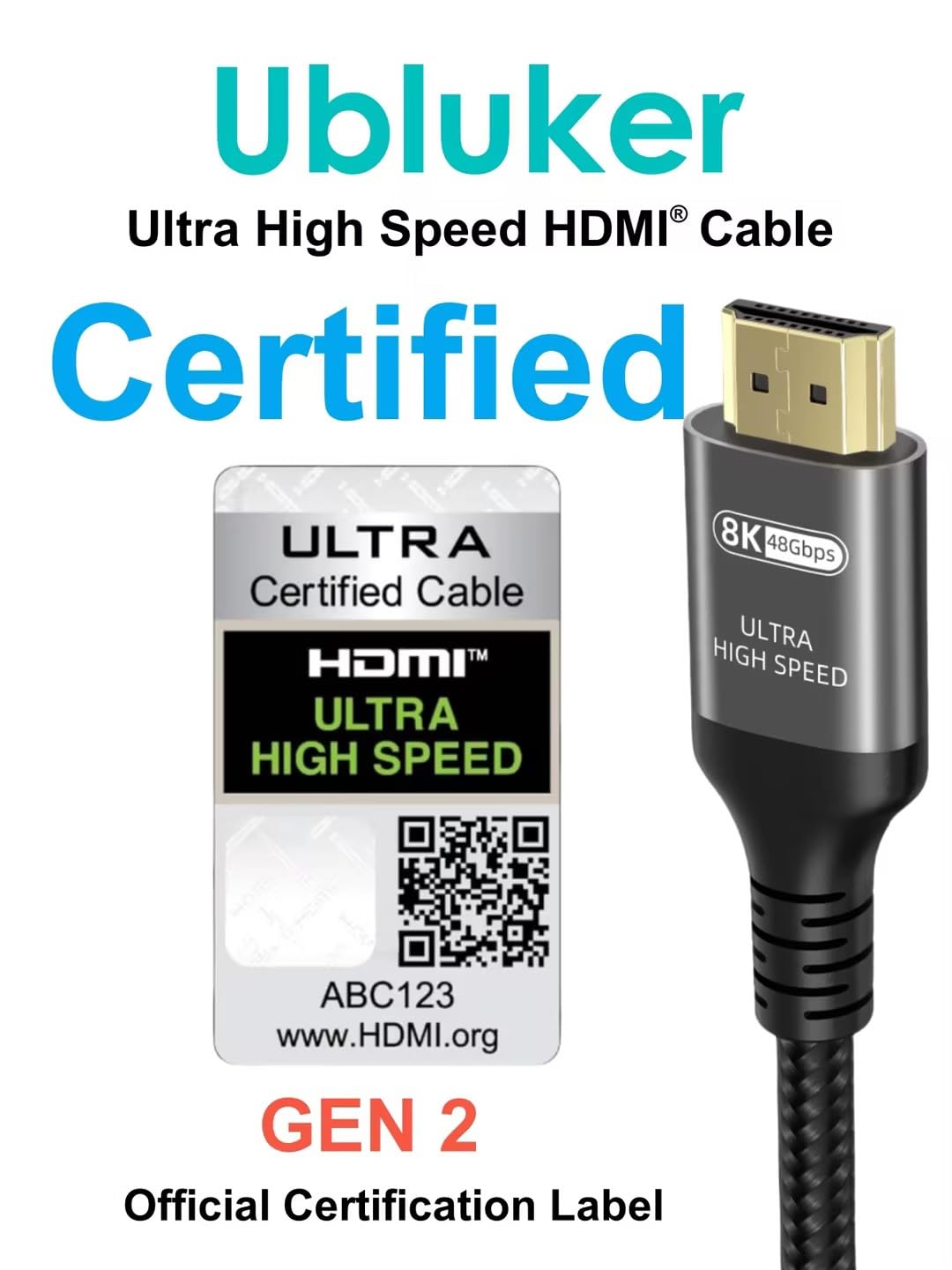 Ubluker 10K 8K 4K HDMI Cable 48Gbps 6.6 FT, Certified Ultra High Speed HDMI® Cable 4K 240Hz 144Hz 120Hz 8K60Hz 0.01ms HDR10+ eARC HDCP2.3 Netflix Roku TV PC Monitor Projector PS5 Xbox