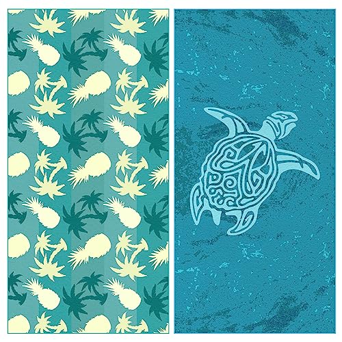 DECOMEN Beach Towel, Microfiber Beach Towels, Oversized Lightweight Quick Dry (73" x 32") Sand Proof, Absorbent, Compact, Beach Blanket, for Swimming,Sports,Gym-Sea Turtle&Sea Wave