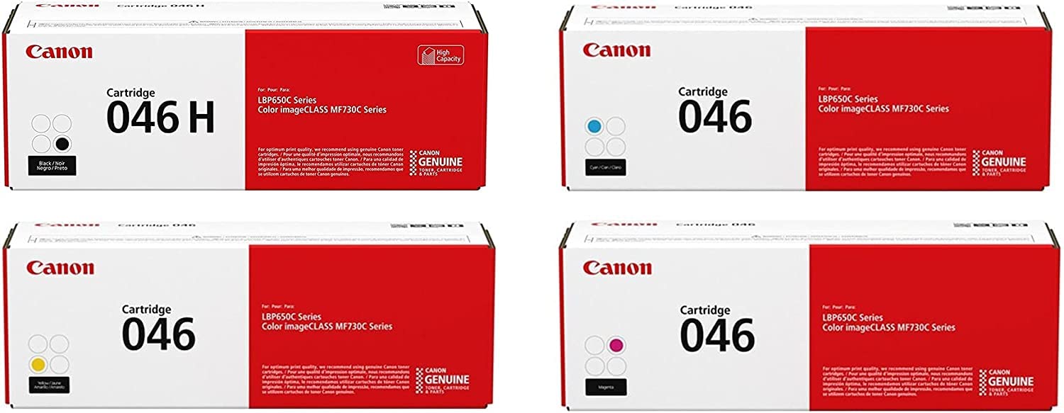 Canon 046 Toner Cartridge ImageCLASS LBP654Cdw, LBP654Cx, MF731Cdw, MF733Cdw, MF735Cdw - High Yield Black and Standard Yield Cyan, Magenta and Yellow - 4 Pack in Retail Packaging