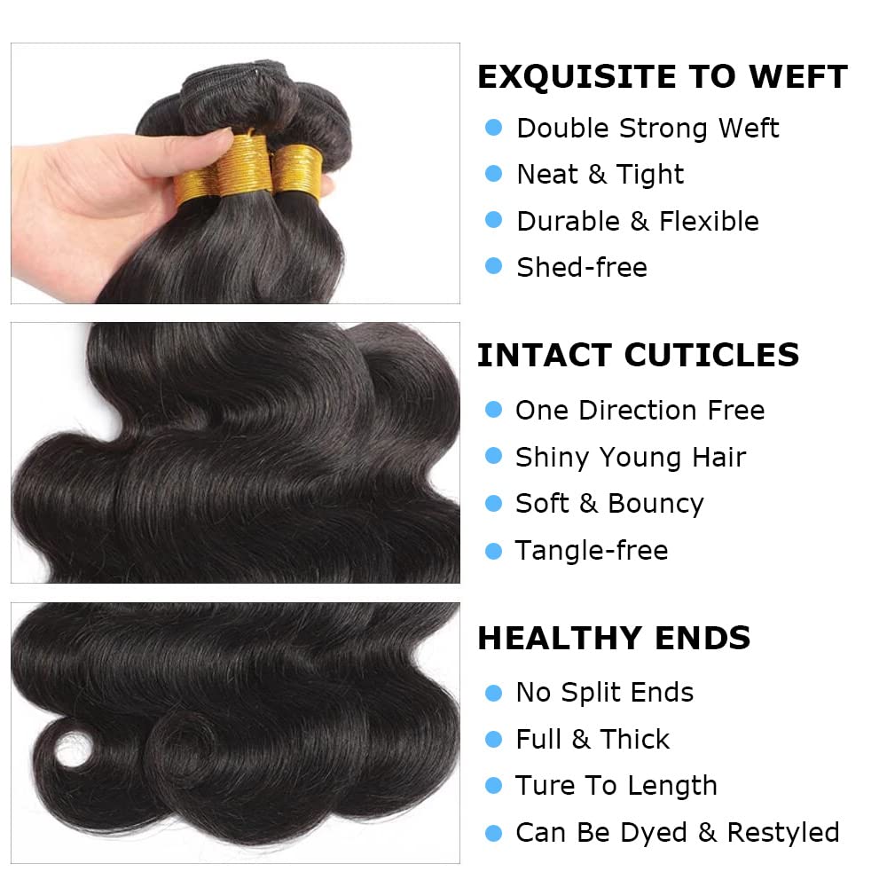 Body Wave Bundles with Closure Human Hair 3 Bundles with Closure(14 16 18+12) Brazilian Body Wave 100% Unprocessed Virgin Human Hair Bundles with 4x4 Lace Closure Free Part Natural Color Body Wave