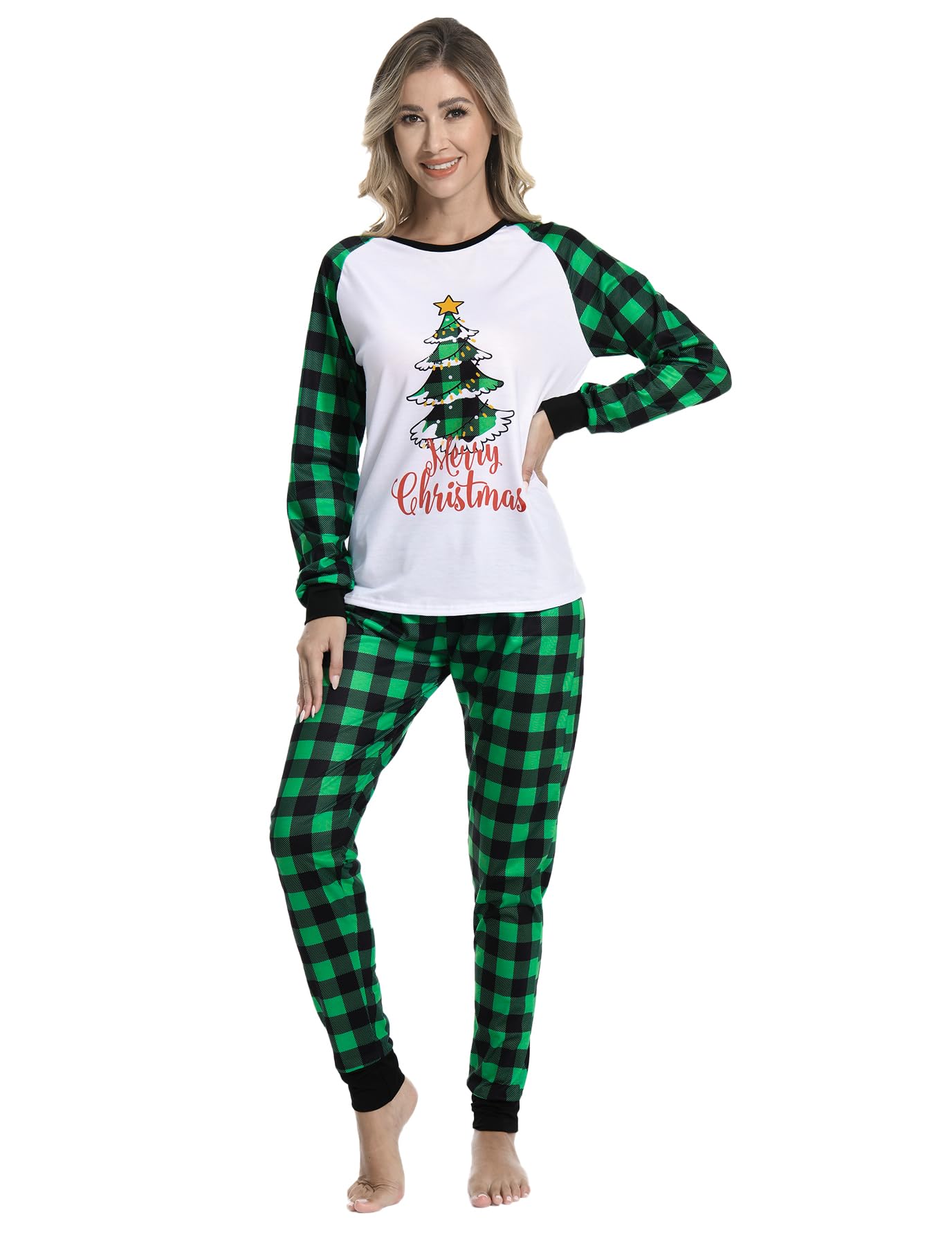 MyFav Matching Family Christmas Pajamas Xmas Tree Jammies for Adults and Kids Holiday Sleepwear,Green,Women-XS