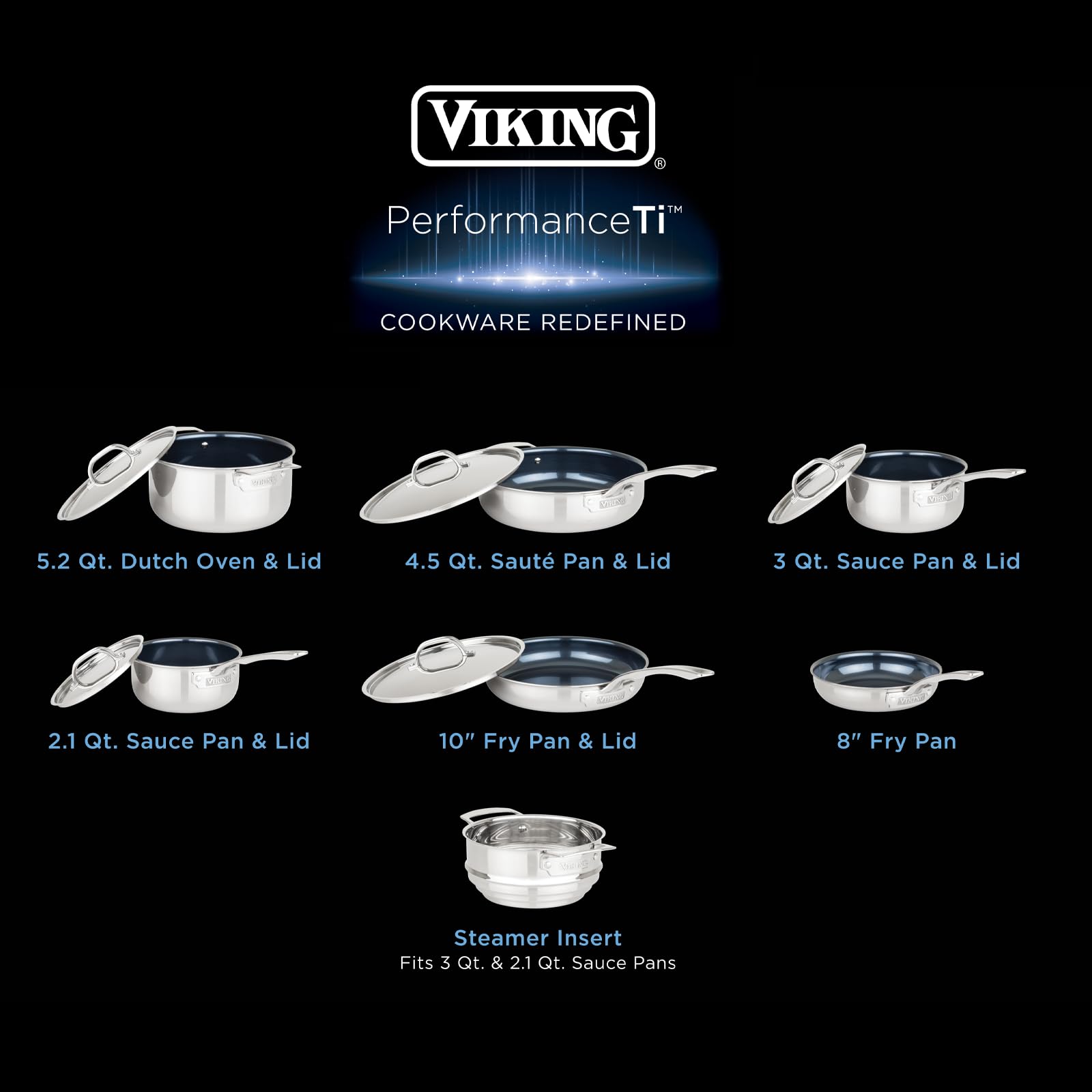 Viking Culinary Performance Ti, 4-Ply Laser-Clad Titanium Frying Pan, 12 Piece Cookware Set: (8" Fry Pan 10" Fry w/Lid, 2 Qt Sauce, 3 Qt Sauce, 4.5 Qt Saute, 5 Qt Dutch Oven, Steamer Insert)