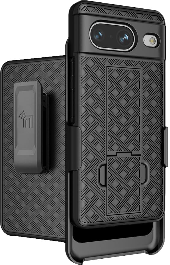 Case with Clip for Google Pixel 8, Nakedcellphone [Grid Texture] Slim Hard Shell Cover with Stand and [Rotating/Ratchet] Belt Hip Holster Holder Combo - Matte Black