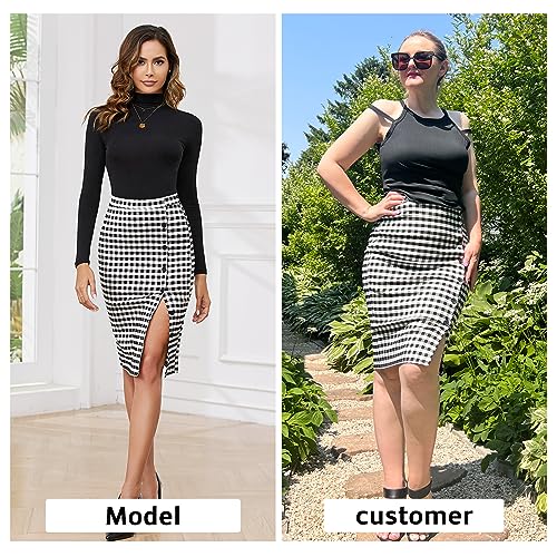 Byinns Women's 2024 High Waist Pencil Skirt Button Slit Work Skirts Plaid Business Bodycon Midi Skirt Knee Length