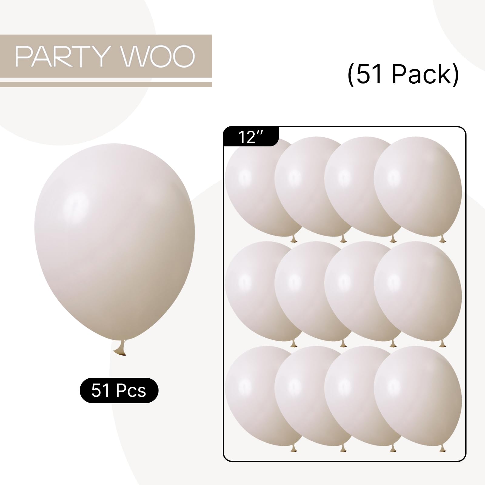 PartyWoo White Sand Balloons 51 pcs 12 Inch Beige Cream Ivory Off White Latex Helium Balloons for Wedding Bridal Graduation Baby Shower Gender Reveal Safari Birthday Party Decorations White-F12