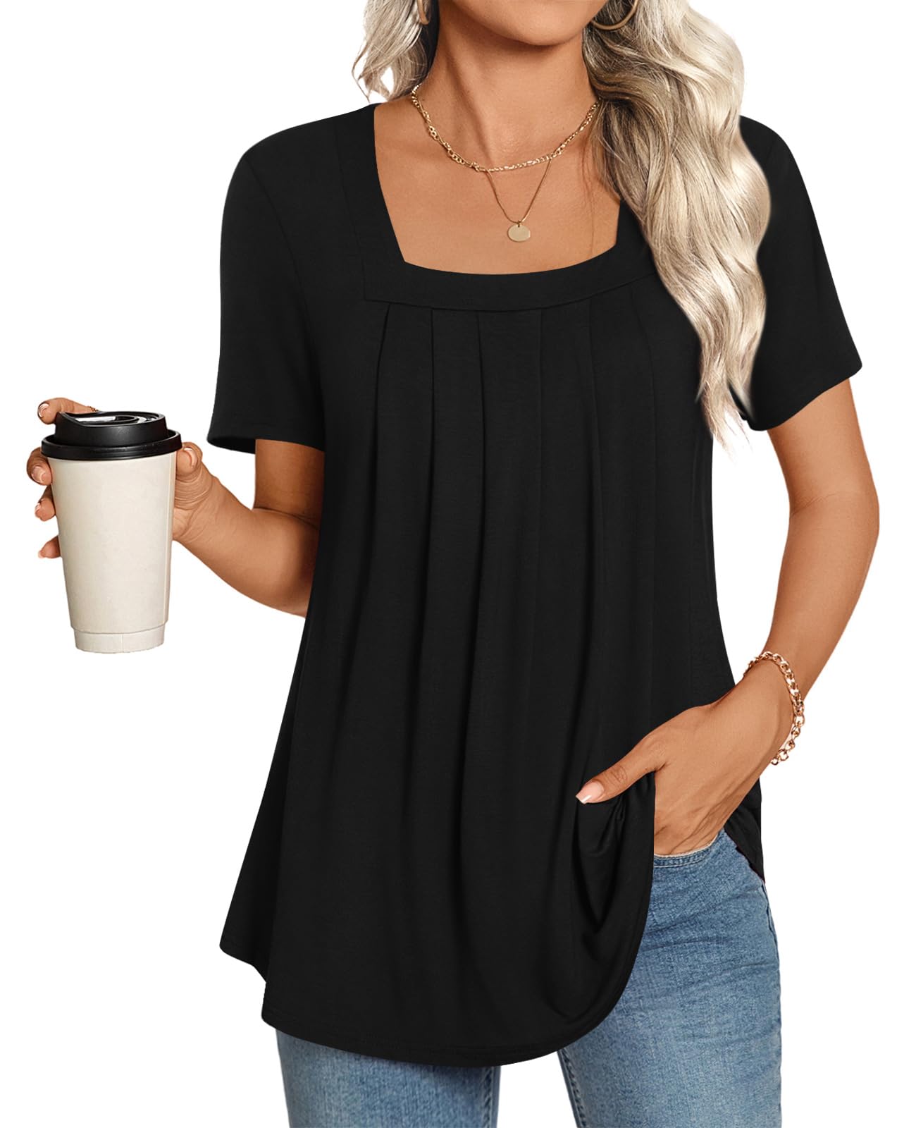 LONGYUAN Womens Tunic Tops 2025 Summer Casual Square Neck Shirts Black Large