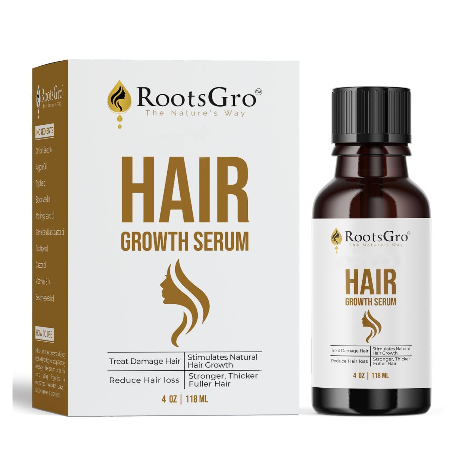 RootsGro 100% Natural Hair Growth Serum - Potentially Supports Hair Repair, Nourishes for Thicker, Fuller Hair - Infused with Argan, Jojoba, Castor Oils - Ideal for Daily Hair Care Routine - 4oz