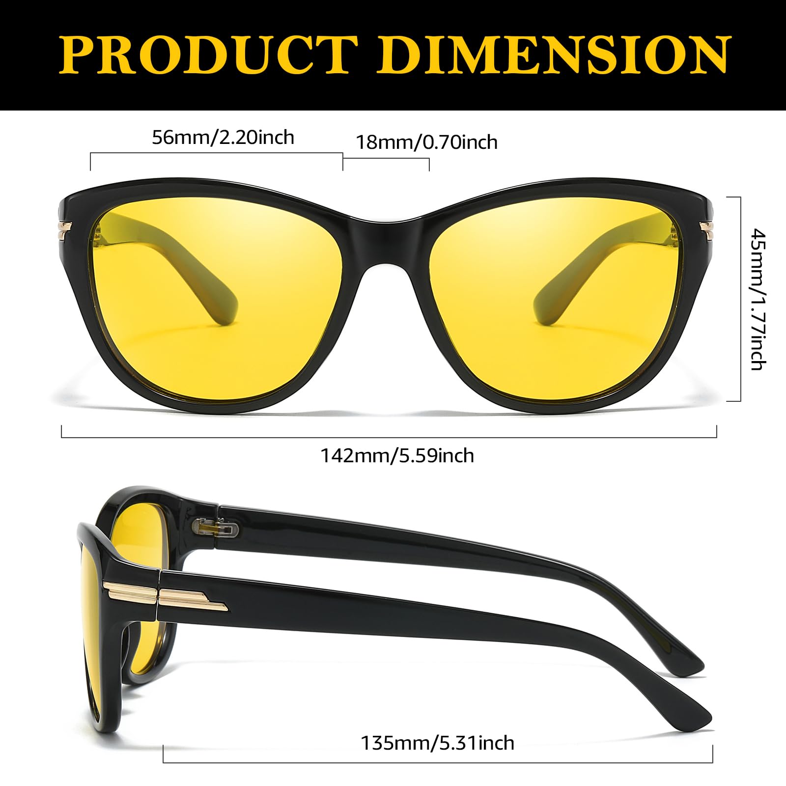 TJUTR Women’s Night Vision Driving Glasses, Polarized Yellow Tint Anti Glare & Enhanced Vision Eyewear Night Time TN2317-V26