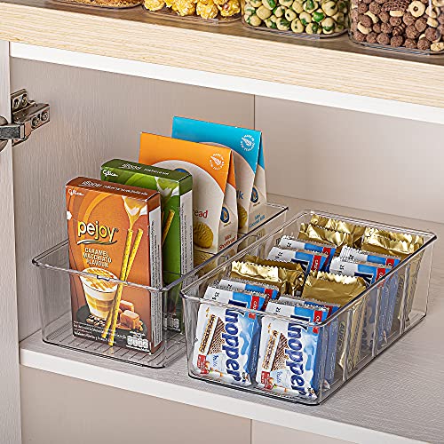 Vtopmart 2 Pack Food Storage Organizer Bins, Clear Plastic Bins for Pantry, Kitchen, Fridge, Cabinet Organization and Storage, 4 Compartment Holder Packets, Snacks, Pouches, Spice Packets