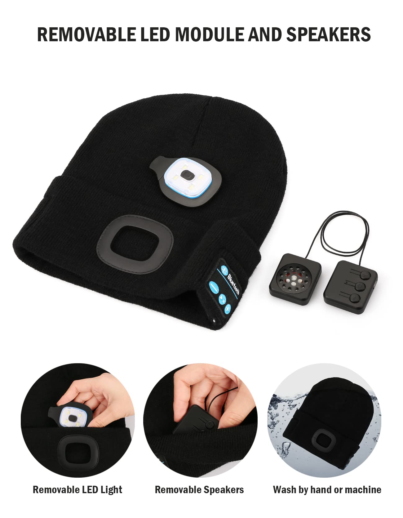 Wmcaps Bluetooth Beanie with a Light, Unisex USB Rechargeable 4 LED Fashlight Hat with Cordless Headphones, Unique Christmas Birthday Gifts for Men Him Husband Teen Black