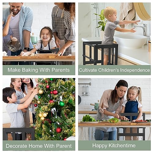 COSYLAND Kids Kitchen Step Stool Helper Baby and Toddler Multi-Function Step up Nursery Helper Stand with Safety Rail in Natural Bamboo, Strong and Lightweight (Black)