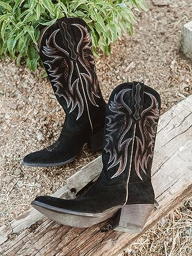 KaroNairy Women Cowboy Boots Faux Suede Embroidered Pointed Thick Heeled Western Wide Calf Cowgirl Ponited Toe Mid Calf Boots Blue12