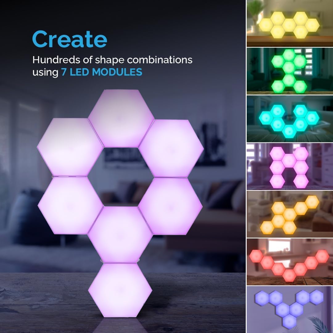 HEXlights Sensory Lights for Autistic Children — 7pk Touch Hexagon Lights, Remote Controlled Light Tiles — Enjoyed by Kids with Autism as a Tap Tap Wall Lights for Sensory Room — Table Stand Included