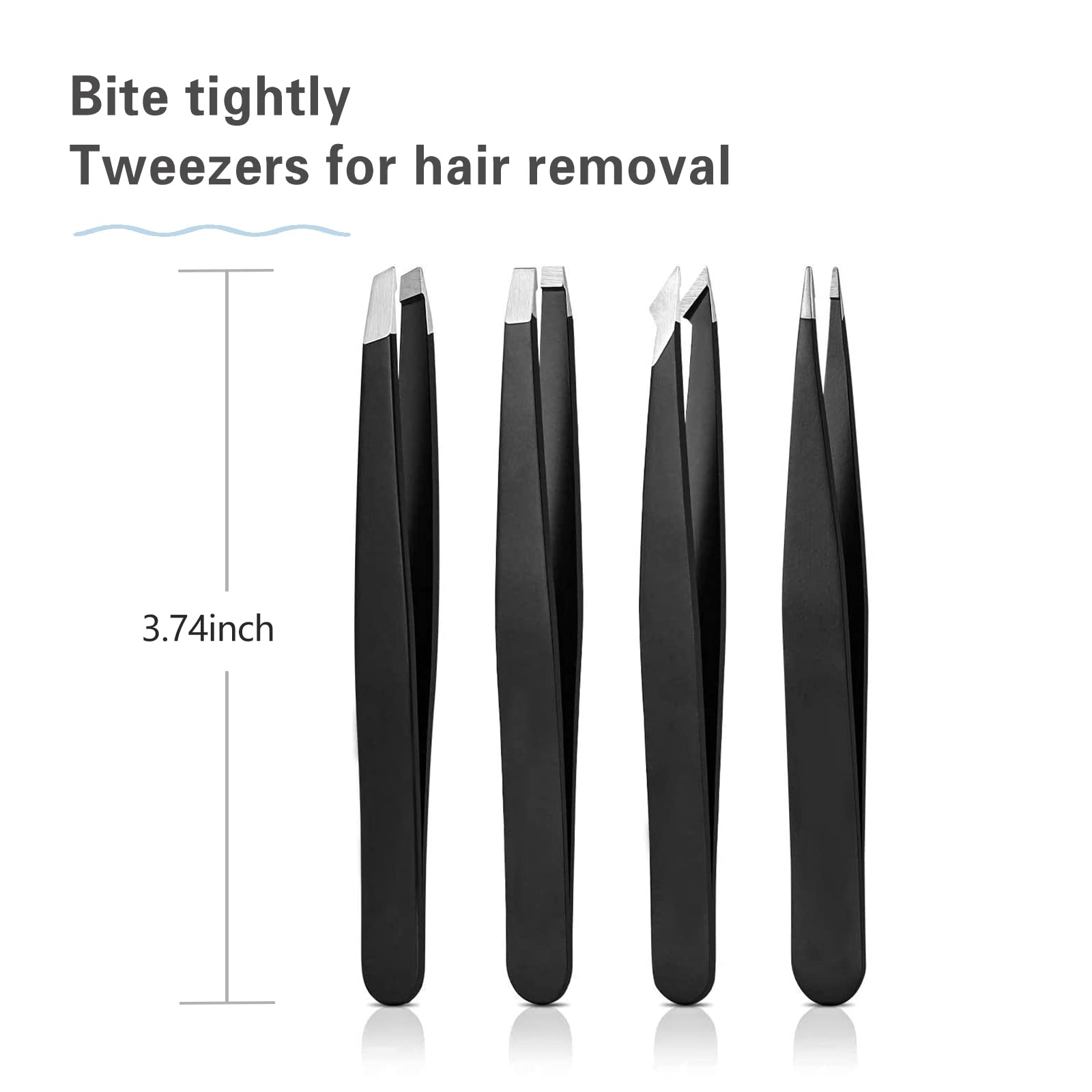 Tweezers Set, High Precision Stainless Steel Eyebrow Tweezers for Facial Hair, Inward Growing Hair and Splinter Remover Kit, Suitable for Women and Men, 4-Piece Set. (Black)