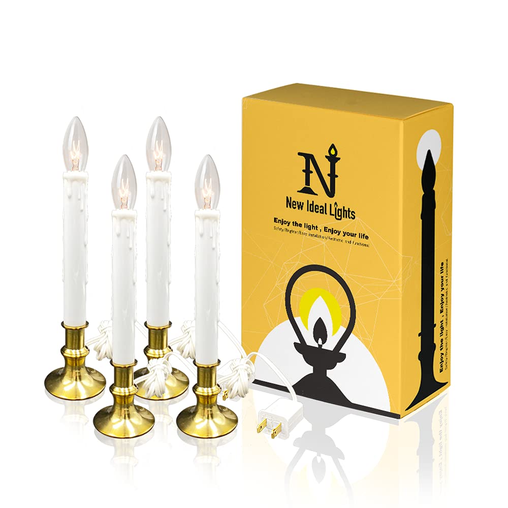 New Ideal Lights Window Candle Electric with Daily Timer Function, Brass Base Christmas Window Candle with Extra Weight, UL Listed 4 Set Packing 2 Extra Replacement Bulb