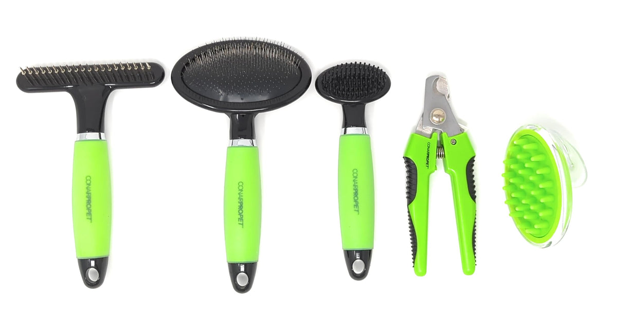 Pet Grooming 5 Piece Bundle (Set includes Comb, Large Nail Clipper, 2 Brushes, Undercoat Rake) with memory gel handles FOR DOGS AND CATS
