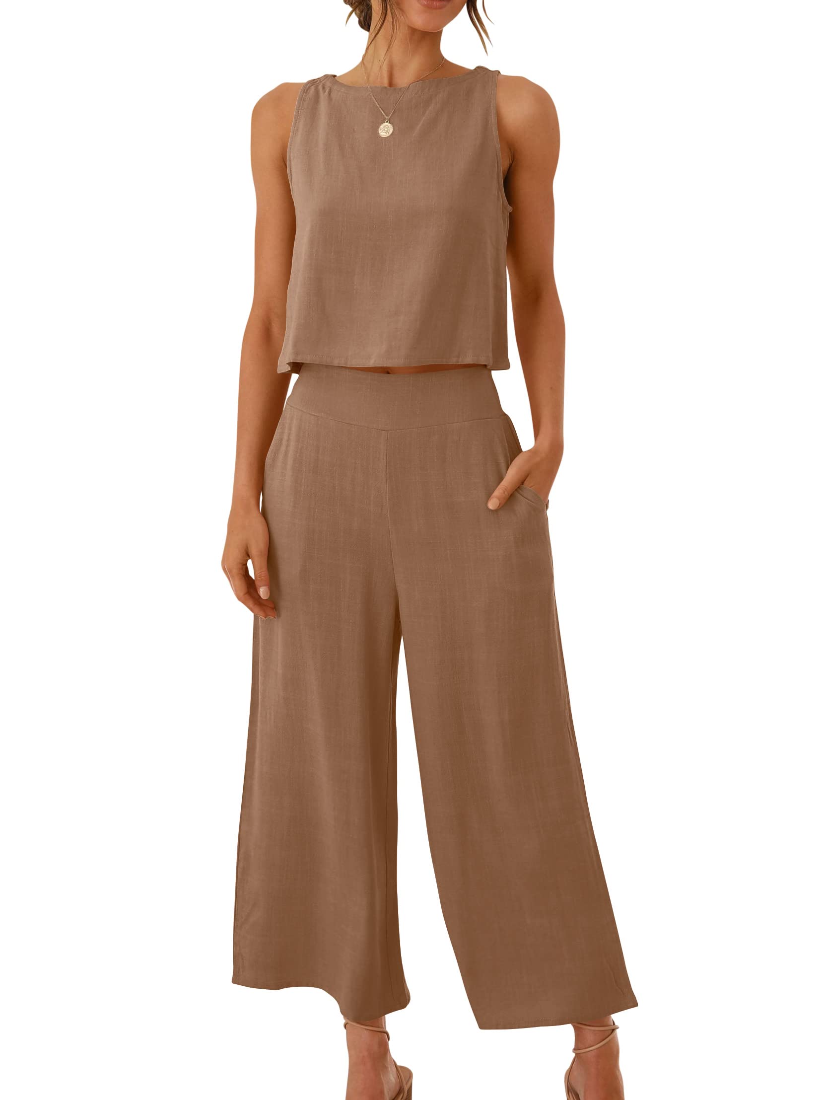 ANRABESS Women's Summer 2 Piece Outfits Sleeveless Crop Top Capri Wide Leg Pants Jumpsuit Casual Linen Lounge Matching Sets Beach Travel 2024 Trendy Clothes Light Brown Medium