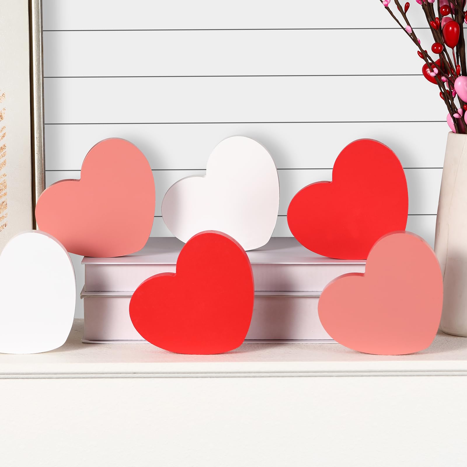 FestalMart Valentines Day Decorations -6pcs Wooden Heart Decorations Sign - Classic White Pink Red Valentines Decorations for Home Shelf Mantel Fireplace Table Windowsill Party Decor