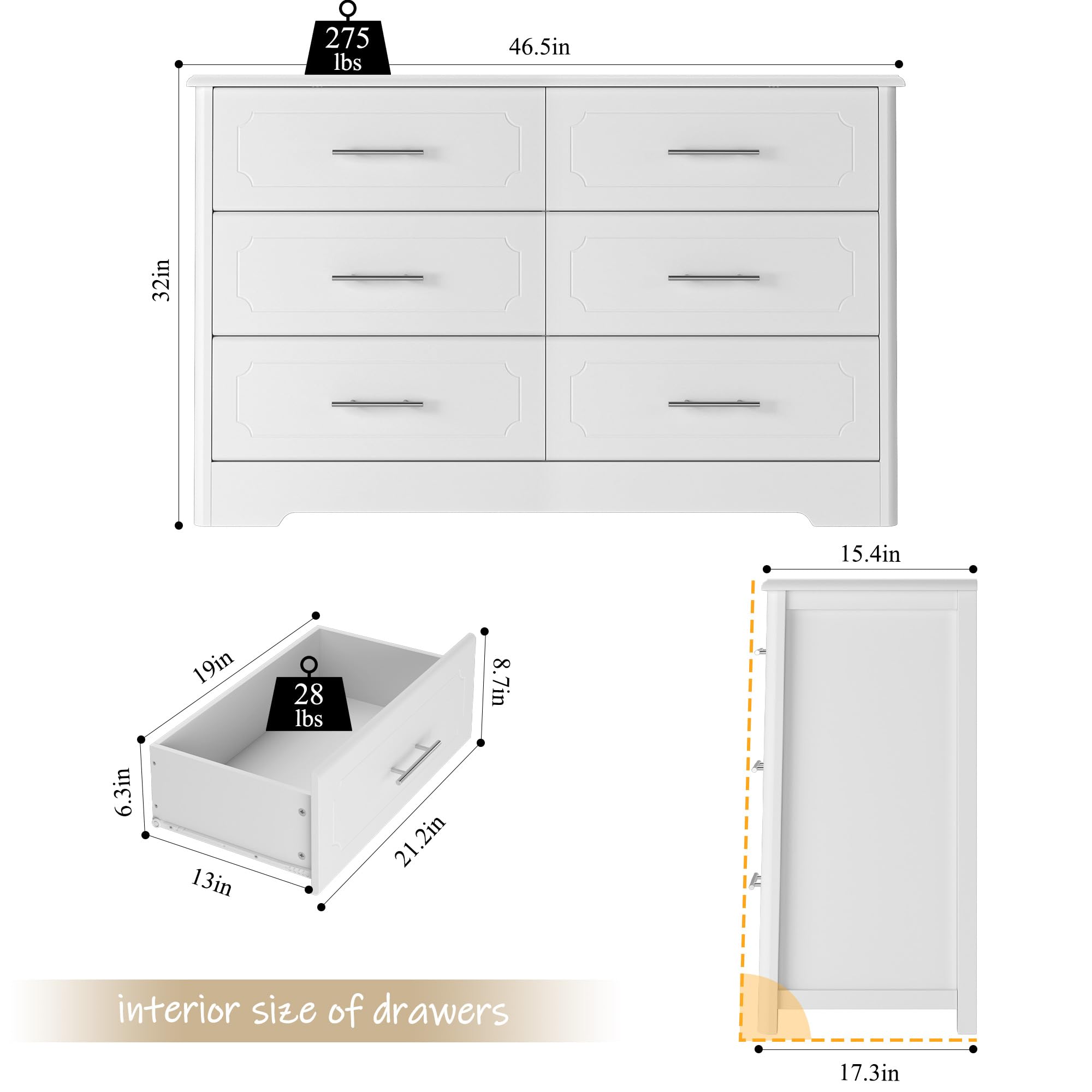 HOSTACK 6 Drawer Dresser, Modern White Wide Chest of Drawers with Metal Handels, Wood Double Dresser, Storage Chest Organizers for Living Room, Hallway, Entryway, White