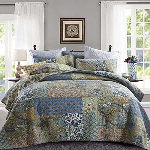 Yvooxny Quilts California King Patchwork Pink Floral Quilt Set Vintage Shabby Chic Botanical Quilted Bedspread 3-Piece Quilt Set with Ruffles for All Seasons, California King, 118 * 110 Inches