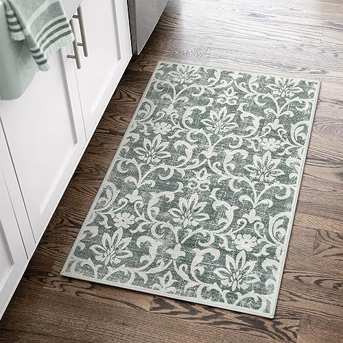 Morebes Vintage Entryway Rug, 2x3 Rug Non Slip, Washable Kitchen Rug Floral Door Rugs for Entryway Indoor , Non Shedding Kitchen Sink Throw Carpet for Bedroom Bathroom Laundry, Grey
