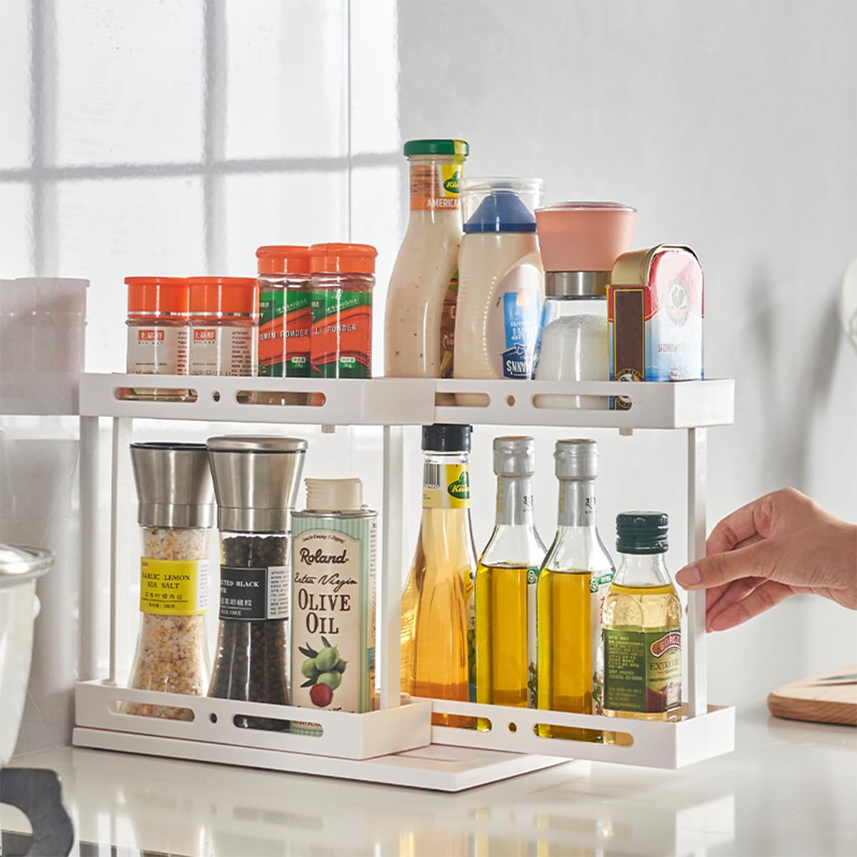 FDWYTY Spice Rack Organizer, Pull & Rotate Cabinet Shelf with 2 Double-Decker Shelves, Organization and Storage for Seasoning Jars, Medicine, Fridge - 1 Pack, 7.88”H x 6.3”W x 11.7”D